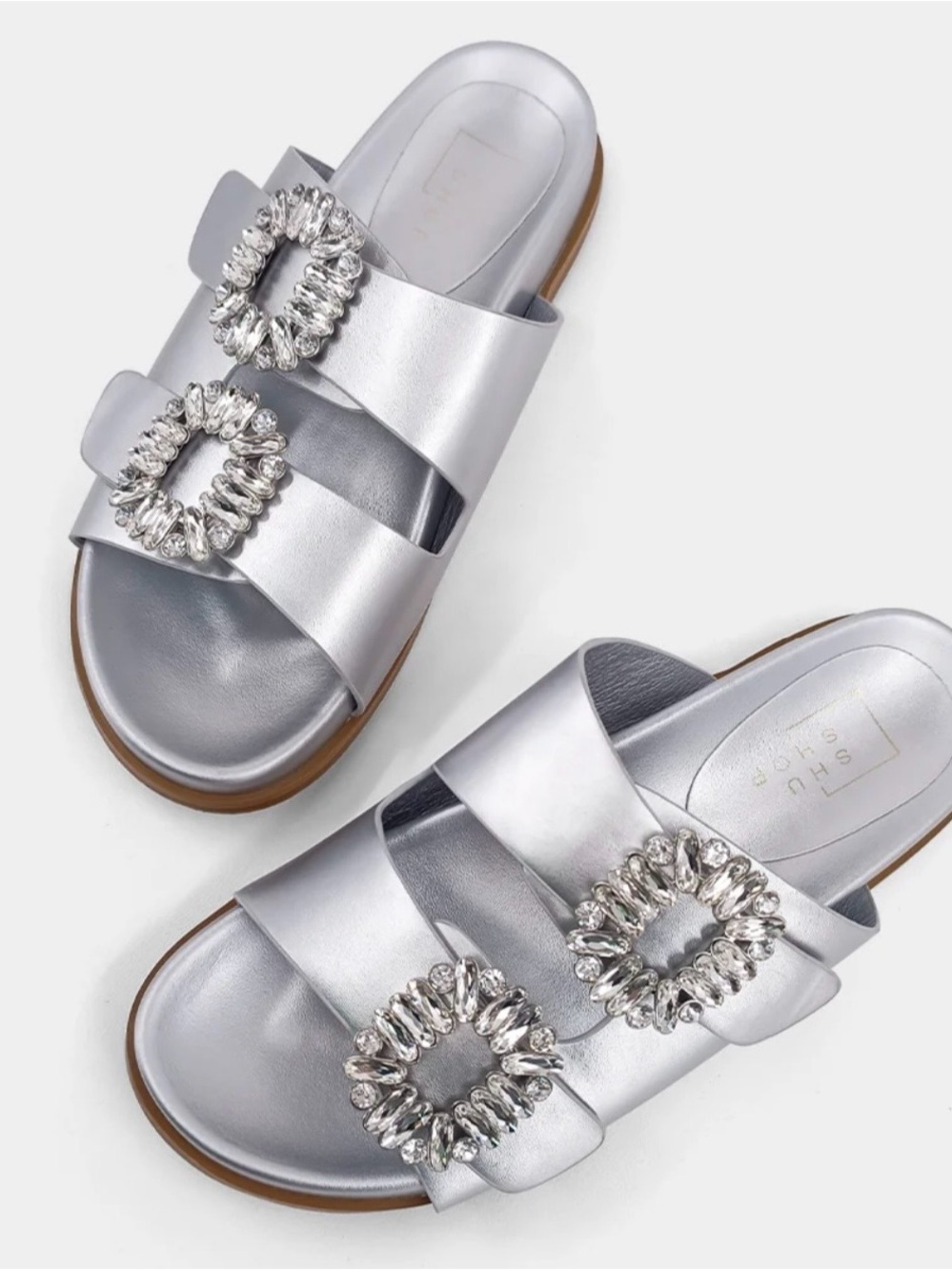 ShuShop Silver Crystal Buckle Slide Sandals